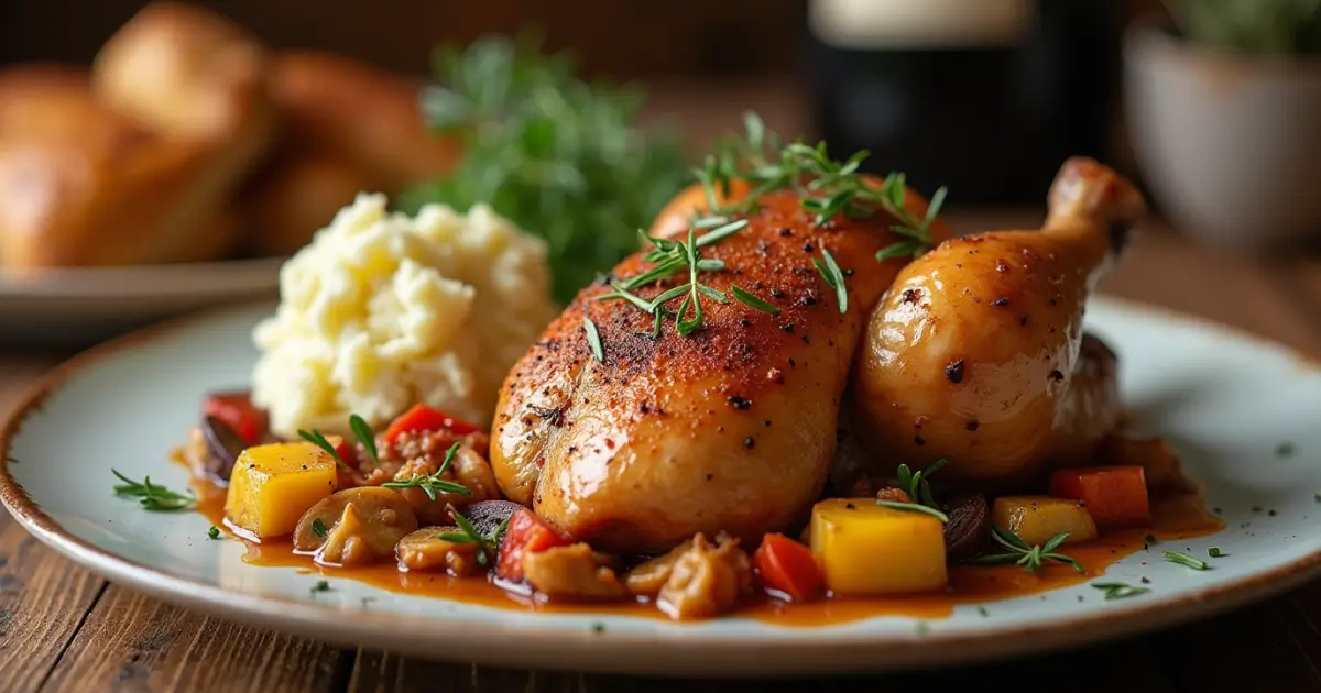 A delicious and juicy Isa Brown chicken served with roasted vegetables and mashed potatoes on a rustic wooden table.