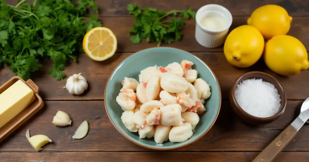 Ingredients for lump crab meat recipe including crab meat, lemon, garlic, herbs, and seasonings.