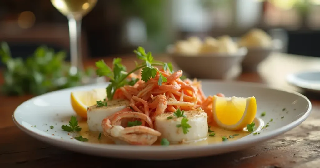 Elegant serving of lump crab meat with a side salad, garlic butter dipping sauce, and a glass of white wine.