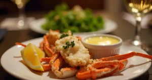 Lump crab meat beautifully plated with garnishes and a light drizzle of sauce.