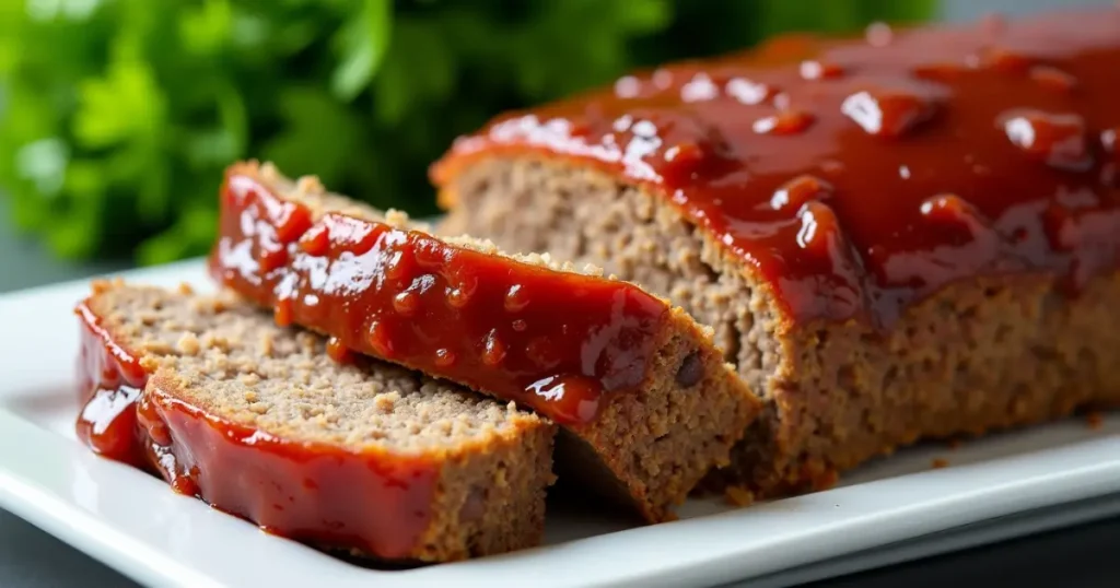 A slice of ma's meatloaf served with mashed potatoes, green beans, and brown gravy, beautifully arranged on a cozy dining table.