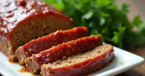 A beautifully plated ma's meatloaf with mashed potatoes, steamed vegetables, and a savory glaze served on a rustic wooden table in a warm kitchen setting.