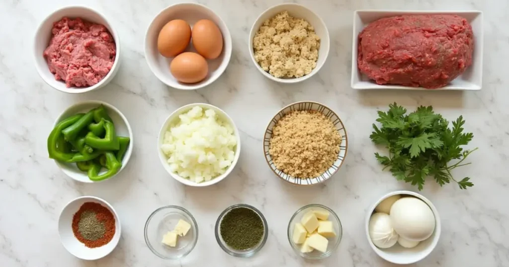 A variety of fresh ingredients for Creole meatloaf, including ground beef, vegetables, breadcrumbs, eggs, and Creole seasoning, arranged on a countertop.