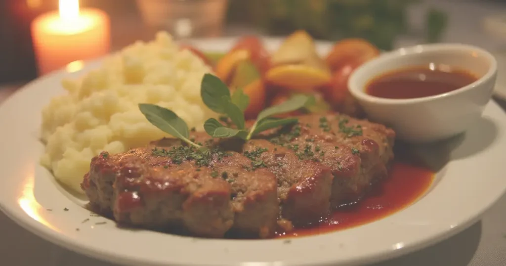 Creole meatloaf served with mashed potatoes and roasted vegetables, garnished with fresh herbs and Creole sauce, creating an inviting dining experience.