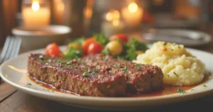 A slice of Creole meatloaf with roasted vegetables and mashed potatoes, garnished with parsley, served on a wooden table in a cozy kitchen setting.