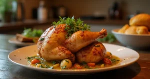 A beautifully roasted sapphire gem chicken served with fresh herbs and vegetables, showcasing its golden crispy skin.