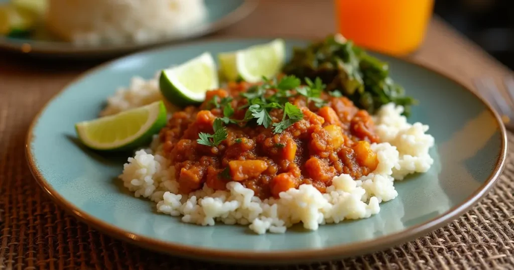 Brazilian Mounjaro served with rice, greens, and lime wedges.